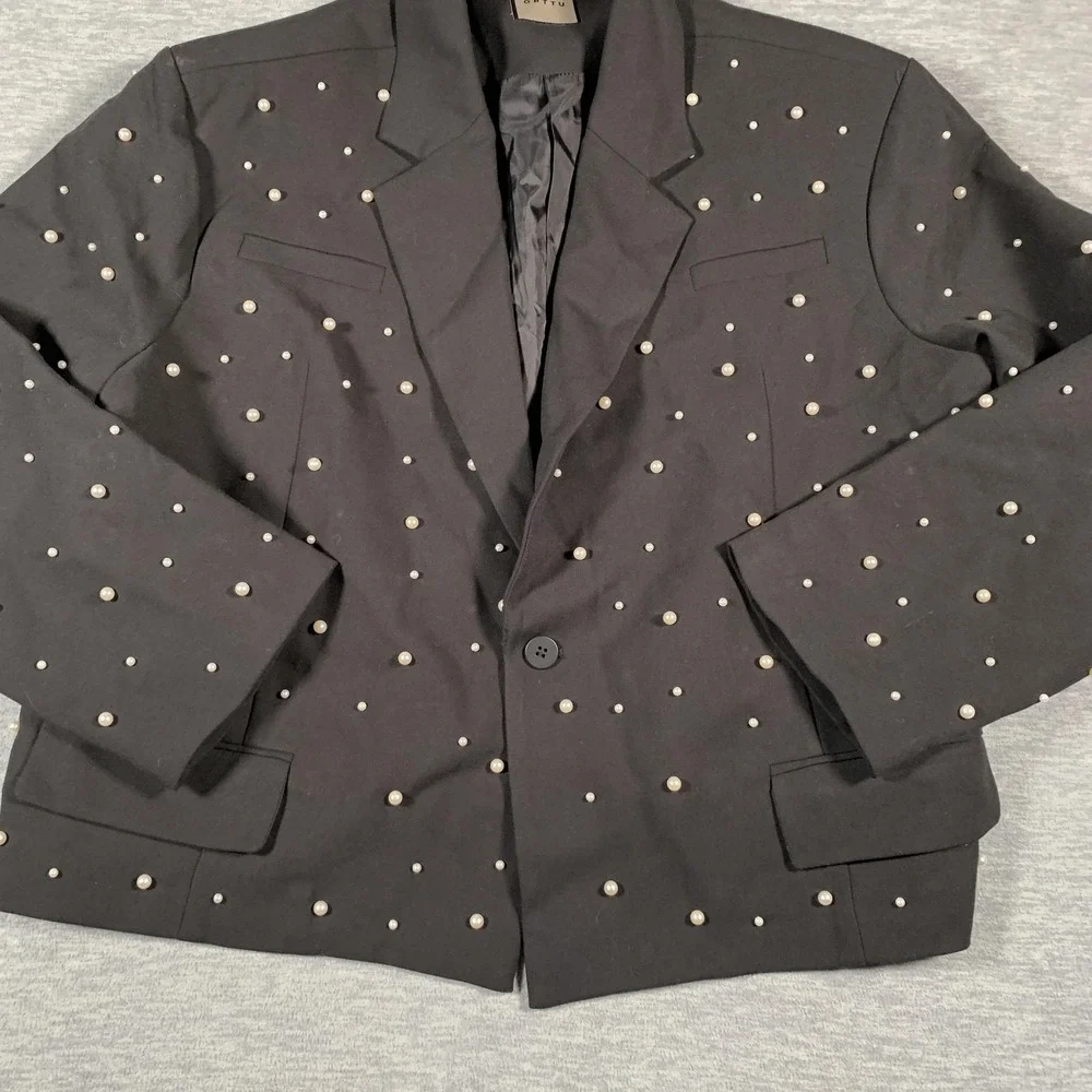 ORTTU Blazer Mens One Size Black Pearl Studded‎ Embellished Single Button Beaded